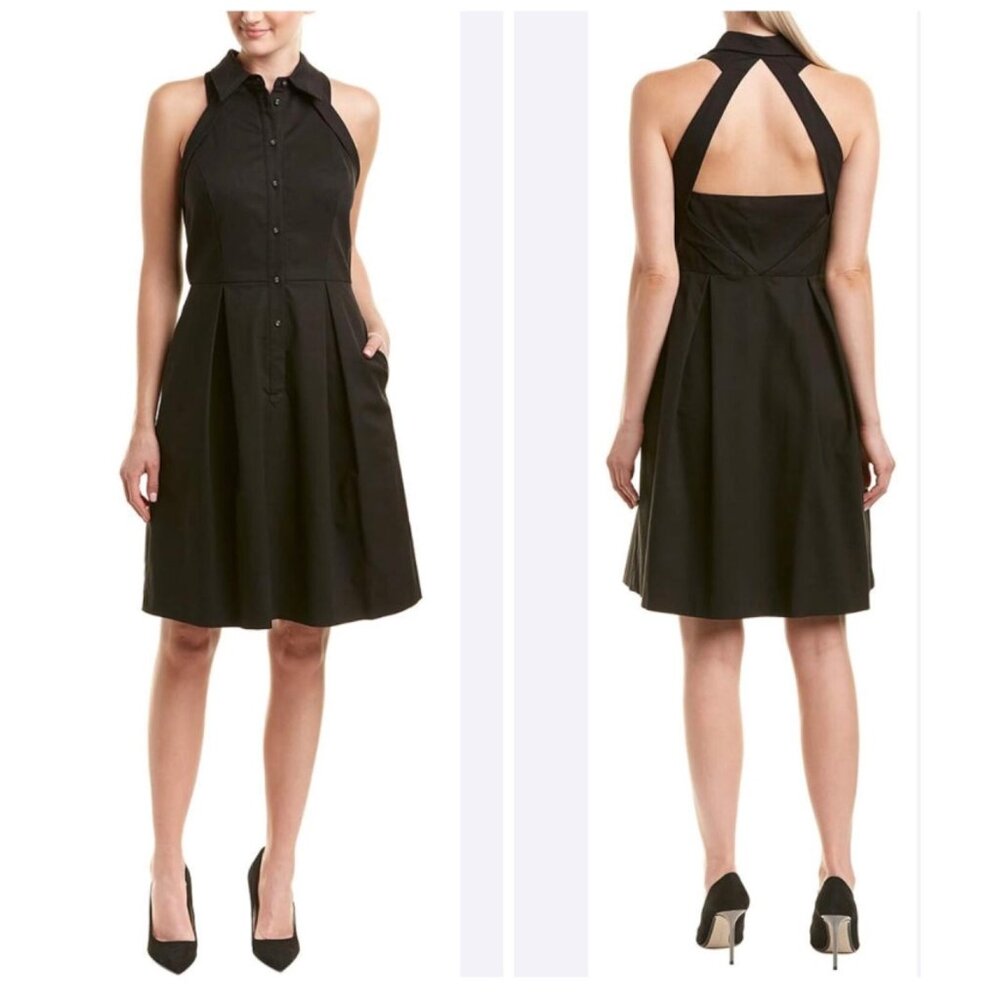 Adrianna Papell Dress 8 Black Crew Neck Shirt Open Back A Line Dress NWT NEW